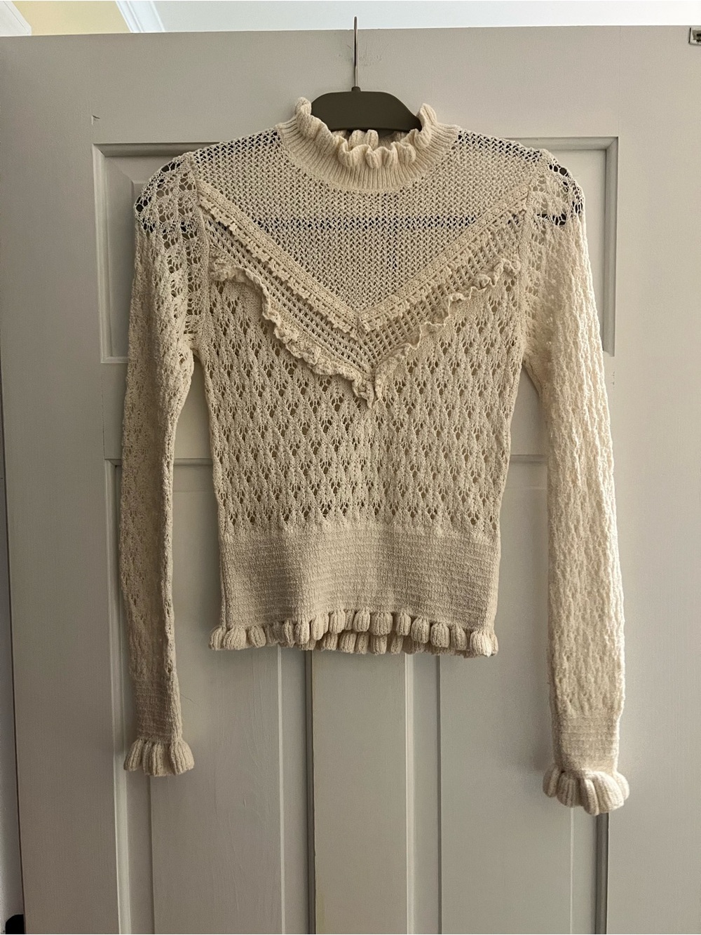 Zara Cream Ruffle Knit Turtleneck Sweater
